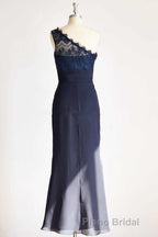 One-Shoulder Navy Blue Lace Long Bridesmaid Dresses