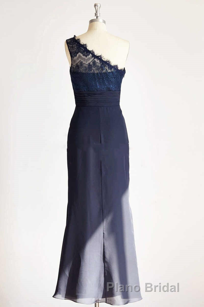 One-Shoulder Navy Blue Lace Long Bridesmaid Dresses