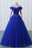 Royal Blue Off-the-shoulder Sweetheart Beaded Flowers Ball Gown Tulle Prom Dresses