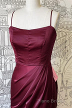 Sheath Spaghetti Straps Satin Long Bridesmaid Dresses with Slit