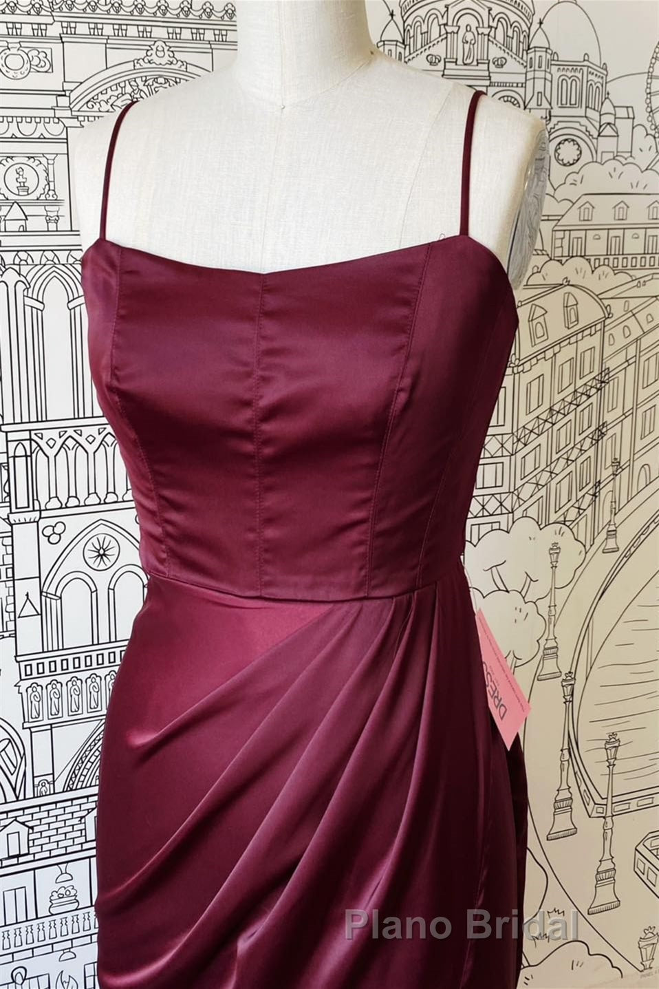 Sheath Spaghetti Straps Satin Long Bridesmaid Dresses with Slit