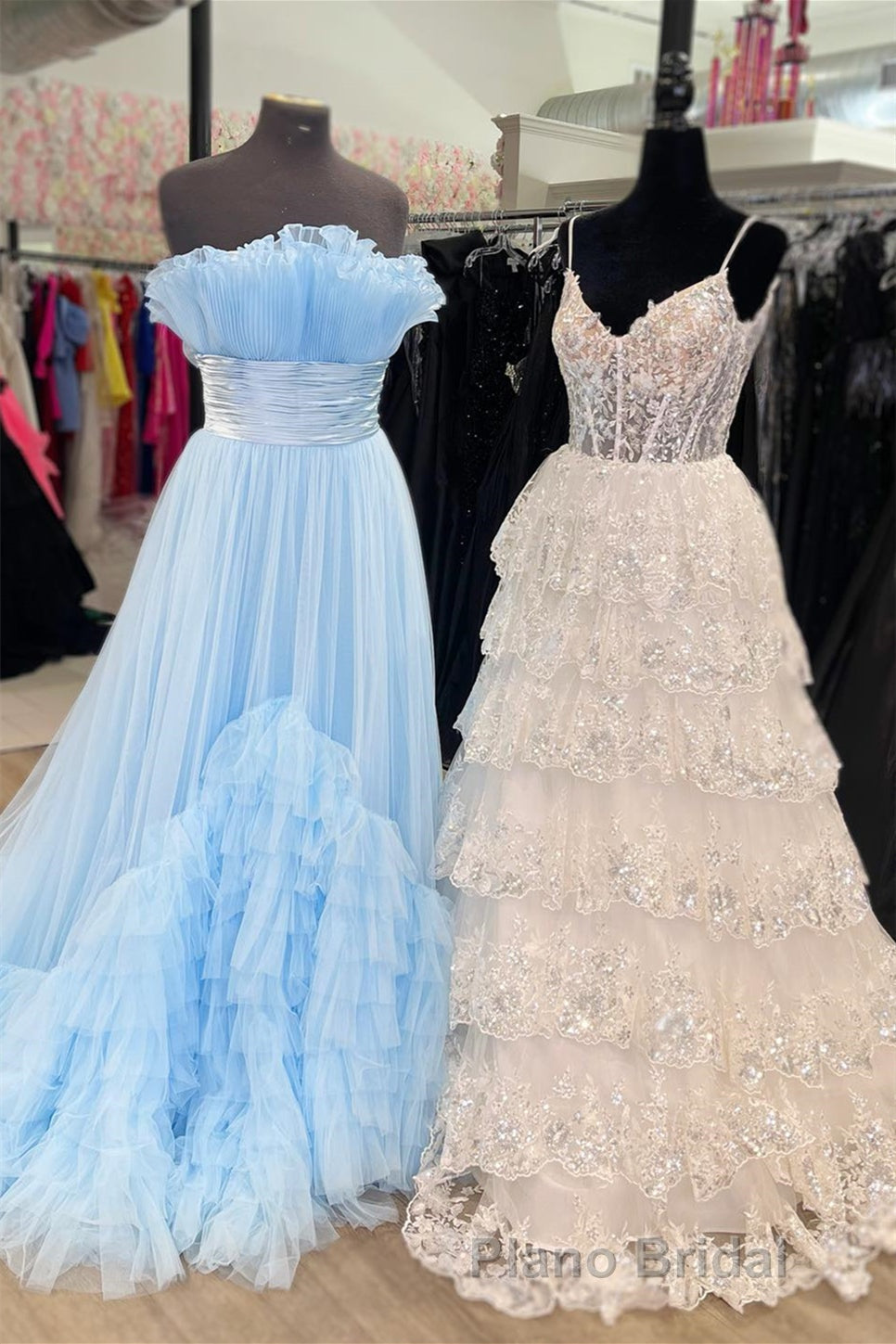 Navy Blue Floral Multi-Layers Sequined Straps Long Formal Prom Dresses