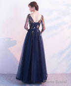 Dark Blue Tulle Lace Long Prom Dress Blue Evening Dress