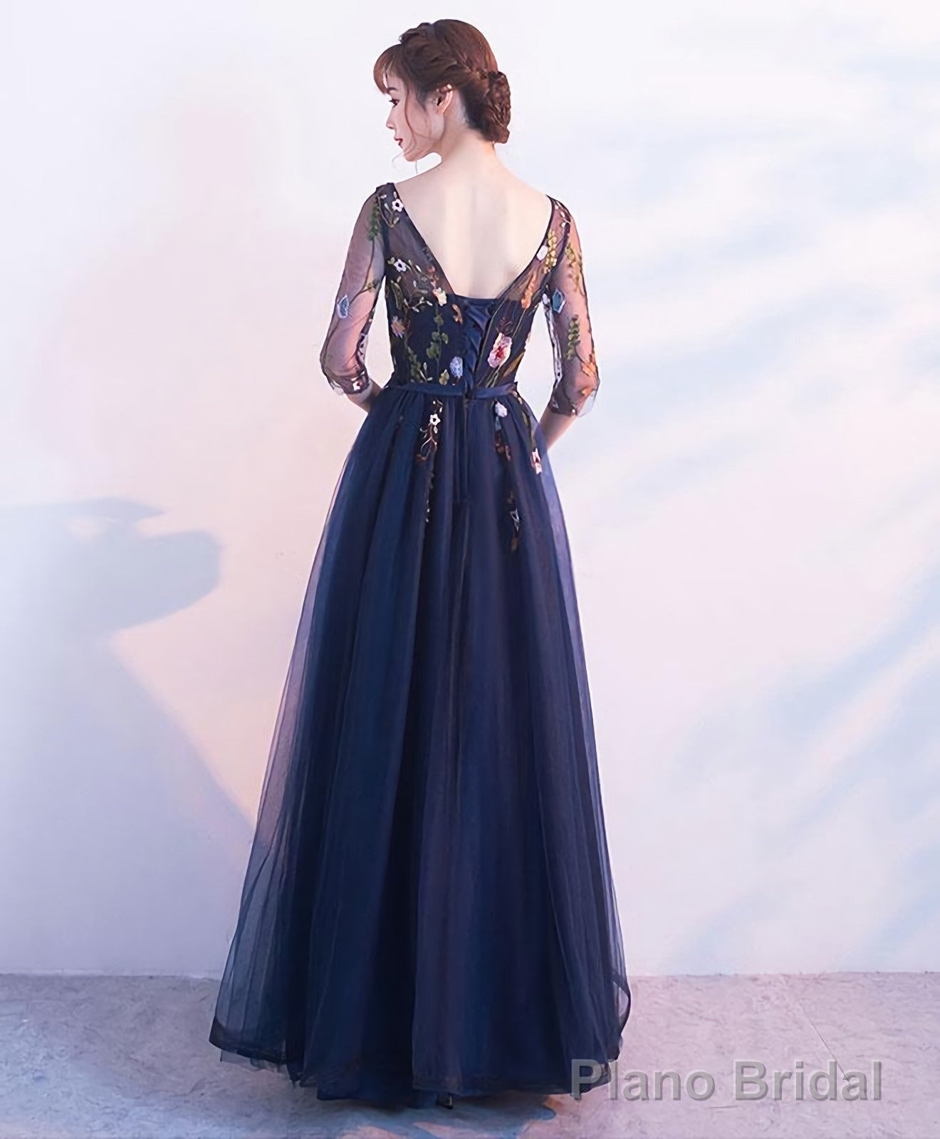 Dark Blue Tulle Lace Long Prom Dress Blue Evening Dress