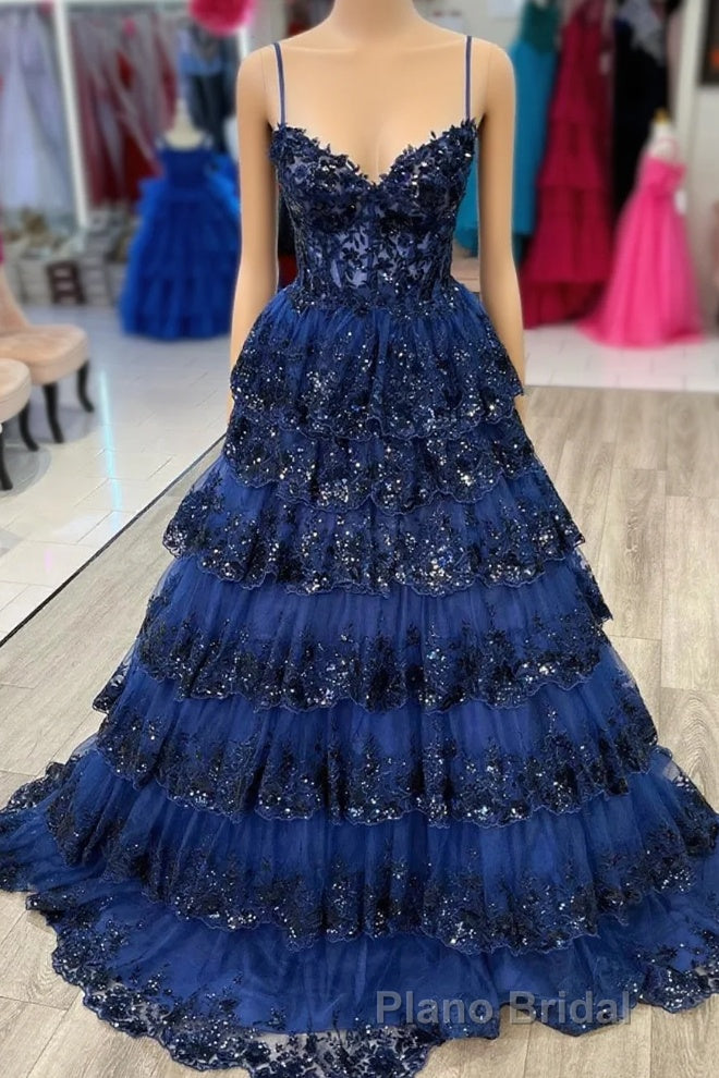 Navy Blue Floral Multi-Layers Sequined Straps Long Formal Prom Dresses Main image