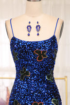 Sparkly Royal Blue Lace Up Long Sequined Prom Dress With Slit