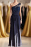 One-Shoulder Navy Blue Lace Long Bridesmaid Dresses