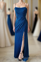 Sheath Spaghetti Straps Satin Long Bridesmaid Dresses with Slit