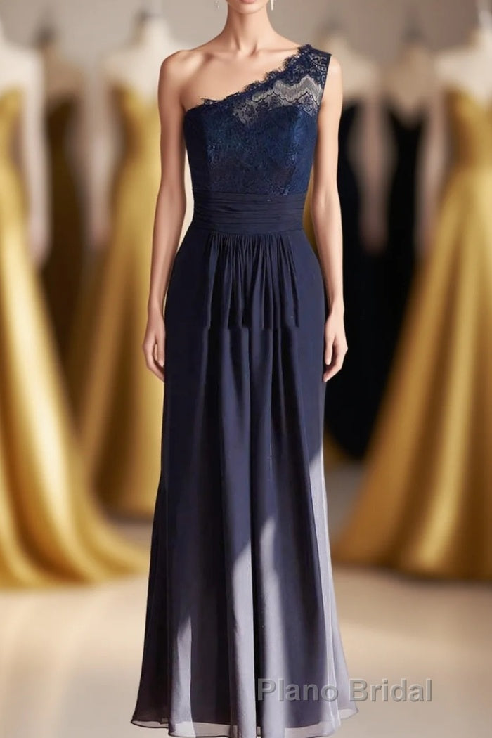 One-Shoulder Navy Blue Lace Long Bridesmaid Dresses Main image