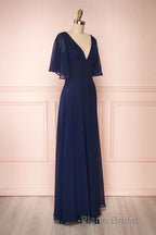 Navy Blue Chiffon V-Neck Ruffled Sleeve Long Bridesmaid Dresses