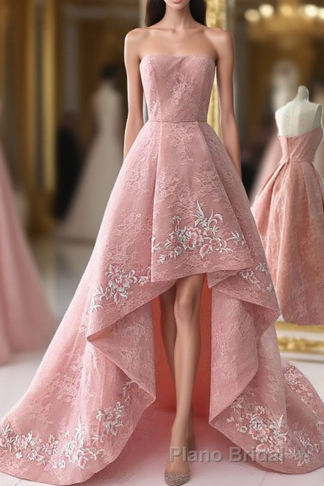 Charming Modest Pink A Line High Low Strapless Zipper Back Formal Prom Dresses Main image