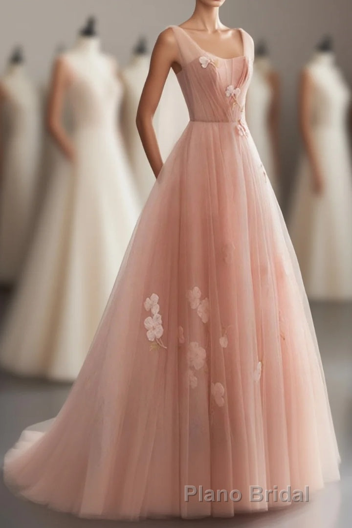 Pink V Neck Tulle Long Formal Prom Dresses, Tulle Evening Dresses Main image