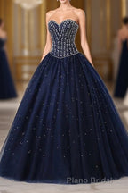 Navy Blue Ball Gown Floor Length Sweetheart Sleeveless Mid Back Formal Prom Dresses