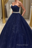 Navy Blue Ball Gown Court Train Sleeveless Mid Back Sparkle Formal Prom Dresses