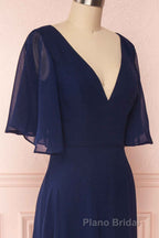 Navy Blue Chiffon V-Neck Ruffled Sleeve Long Bridesmaid Dresses