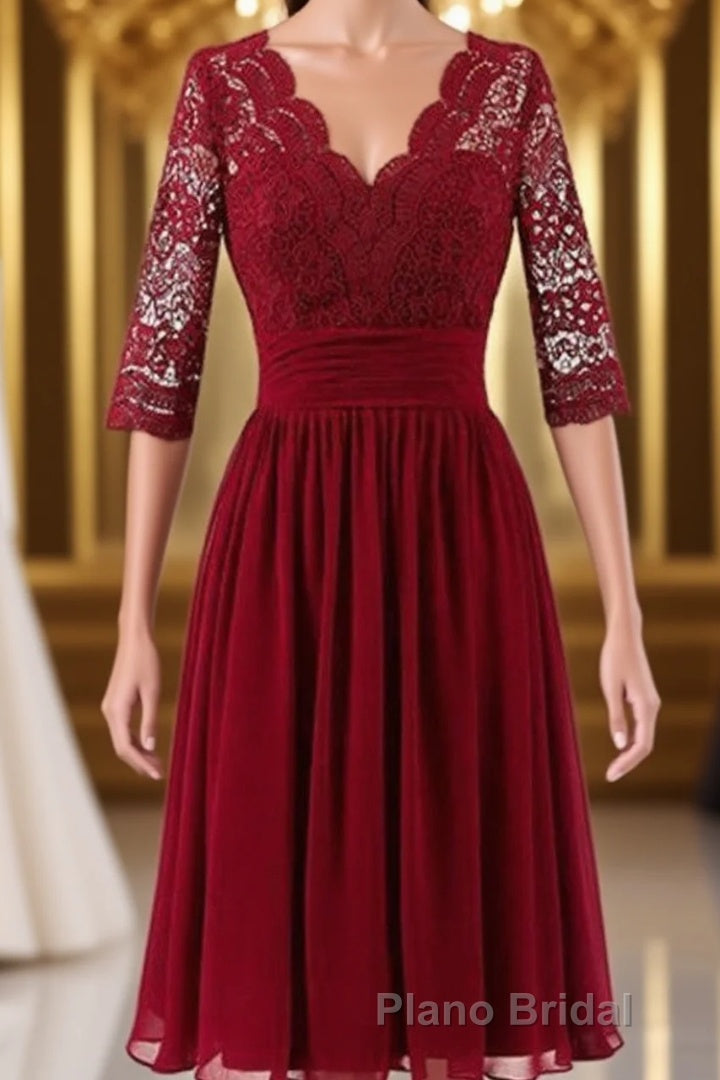 Burgundy A Line Knee Length V Neck 1/2 Sleeve Hollow Bridesmaid Dresses Main image