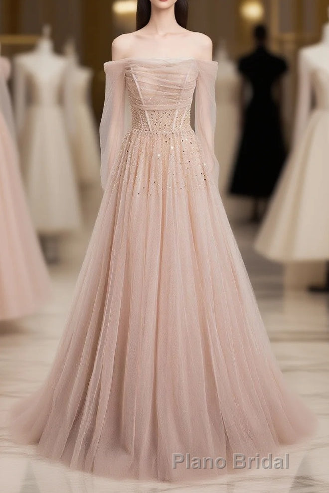 Champagne Pink Tulle Beads Long Formal Prom Dresses, Champagne Evening Dresses