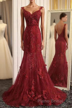 Burgundy Trumpet Sweep Train V Neck Mid Back Appliques Beading Long Formal Prom Dresses