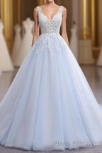 Ball Gown Chapel Train V Neck Sleeveless Backless Appliques Formal Prom Dresses