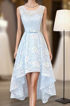 Light Blue Lace High Low Formal Prom Dresses, Homecoming Dresses
