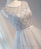 Gray Tulle Beads Short Formal Prom Dresses, Gray Homecoming Dresses