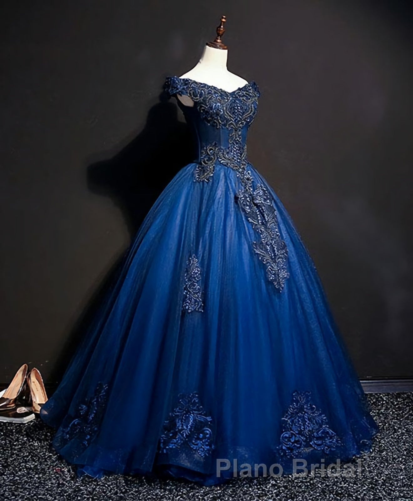 Blue Tulle Lace Off Shoulder Long Formal Prom Dresses, Blue Tulle Lace Evening Dresses