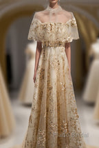 Champagne Tulle Lace Long Formal Prom Dress, Champagne Formal Dress, 1