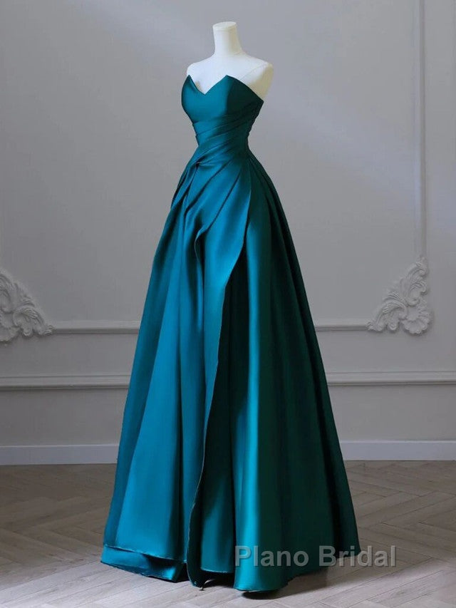 Simple Blue Satin Strapless Formal Prom Dresses Secondary image