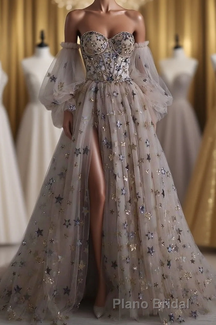 Chic Long Sweetheart Front Split Star Formal Prom Dresses With Sleeves Main image