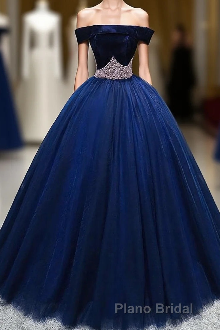 Dark Blue Tulle Off Shoulder Long Formal Prom Dresses, Blue Sweet 16 Dresses Main image