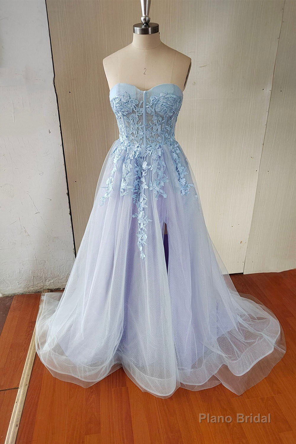 Blue Strapless Lace Long A-Line Prom Dress, Blue Evening Party Dress Secondary image
