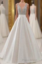 A Line Brush Train Deep V Neck Sleeveless Beading Formal Prom Dresses