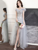 Gray Sweetheart Neck Tulle Long Prom Dress Gray Evening Dress