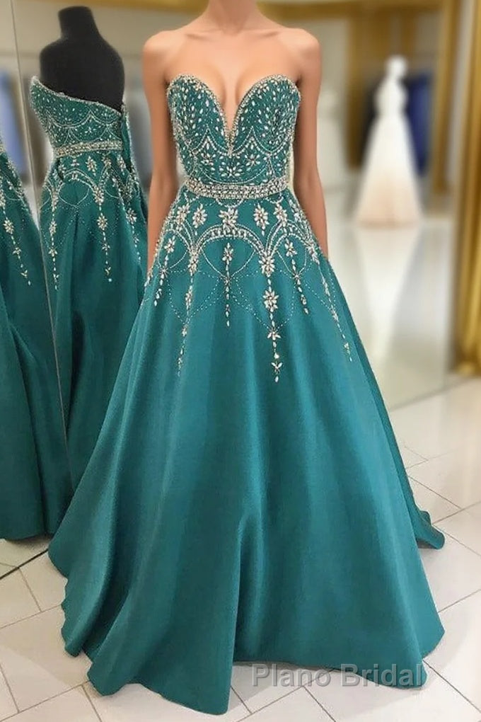 Green A Line Floor Length Sweetheart Sleeveless Beading Formal Prom Dresses