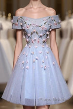 Cute Gray Blue Tulle Short Formal Prom Dress, Gray Homecoming Dress
