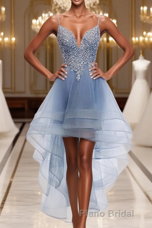 Blue Sweetheart Tulle Lace High Low Formal Prom Dresses, Blue Homecoming Dresses Main image