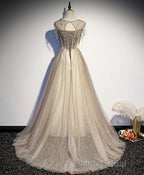 Champagne Round Neck Sequin Long Formal Prom Dresses, Tulle Prom Dresses