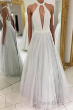 Gray A Line Floor Length Halter Sleeveless Beading Formal Prom Dresses