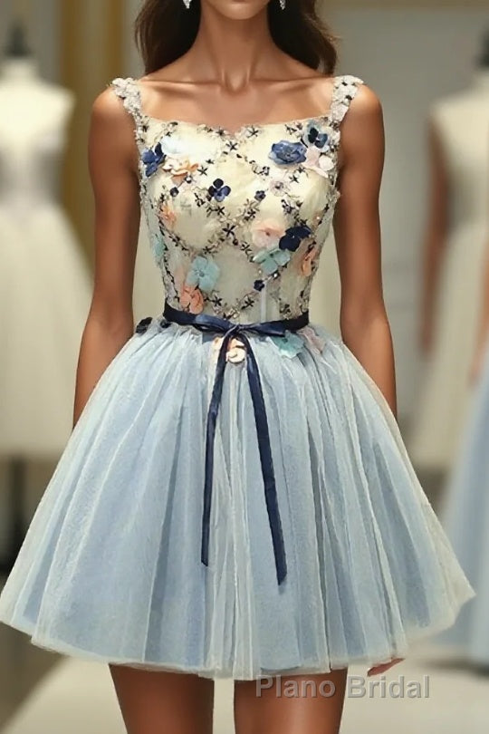 Gray Blue Tulle Short Formal Prom Dresses, Tulle Homecoming Dresses Main image
