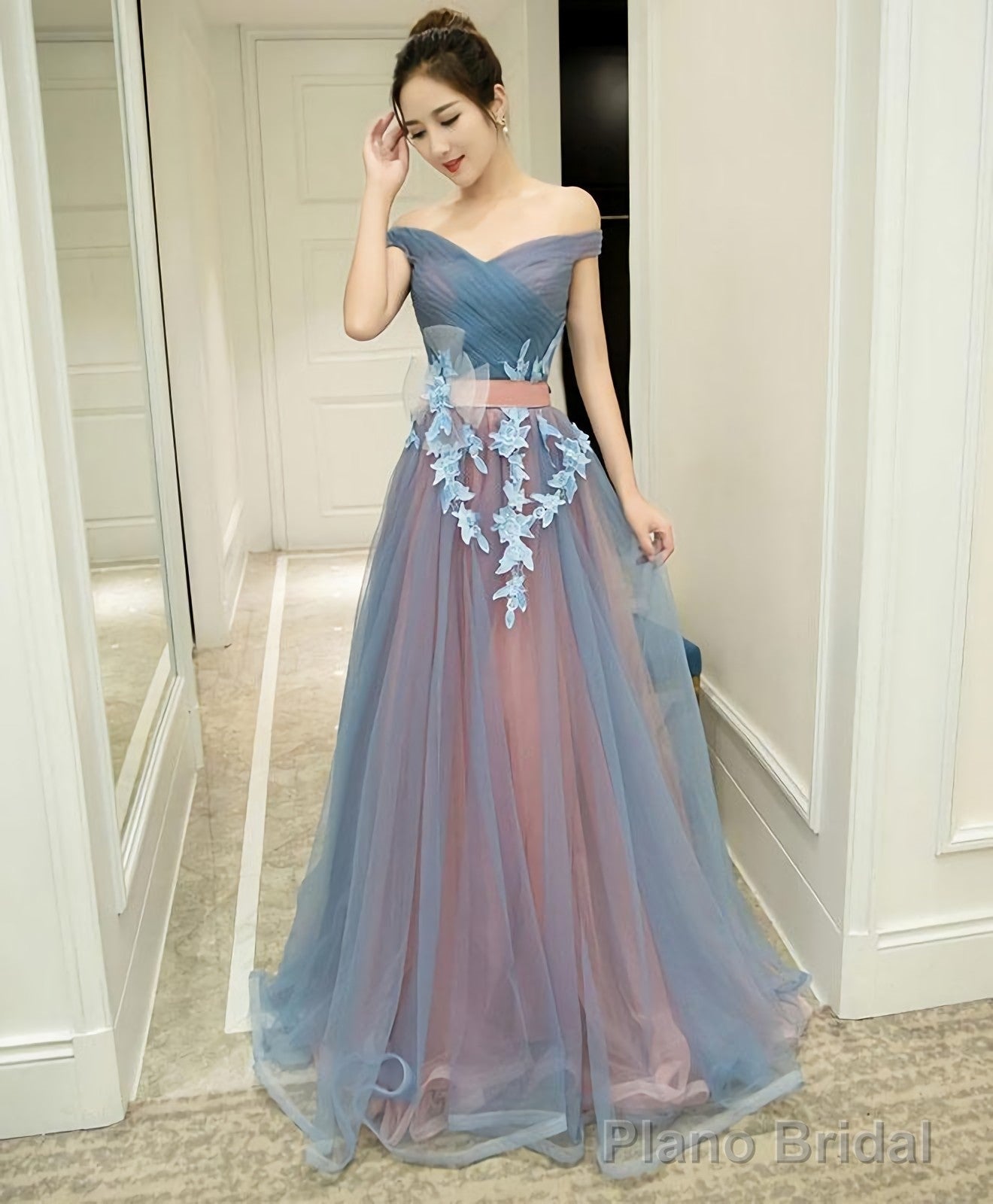 Gray Blue Tulle Off Shoulder Long Prom Dress Gray Blue Evening Dress Secondary image