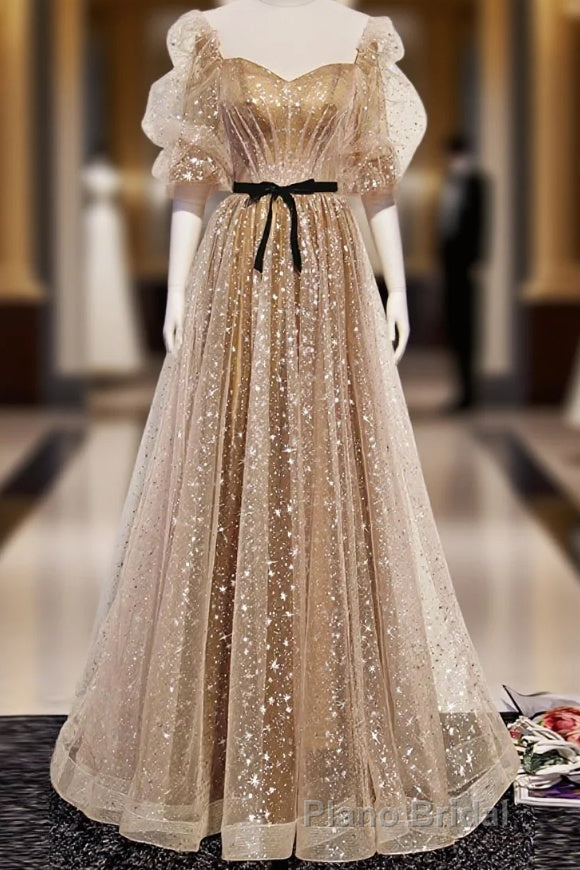 Champagne Sweetheart Tulle Long Formal Prom Dresses, Tulle Prom Dresses