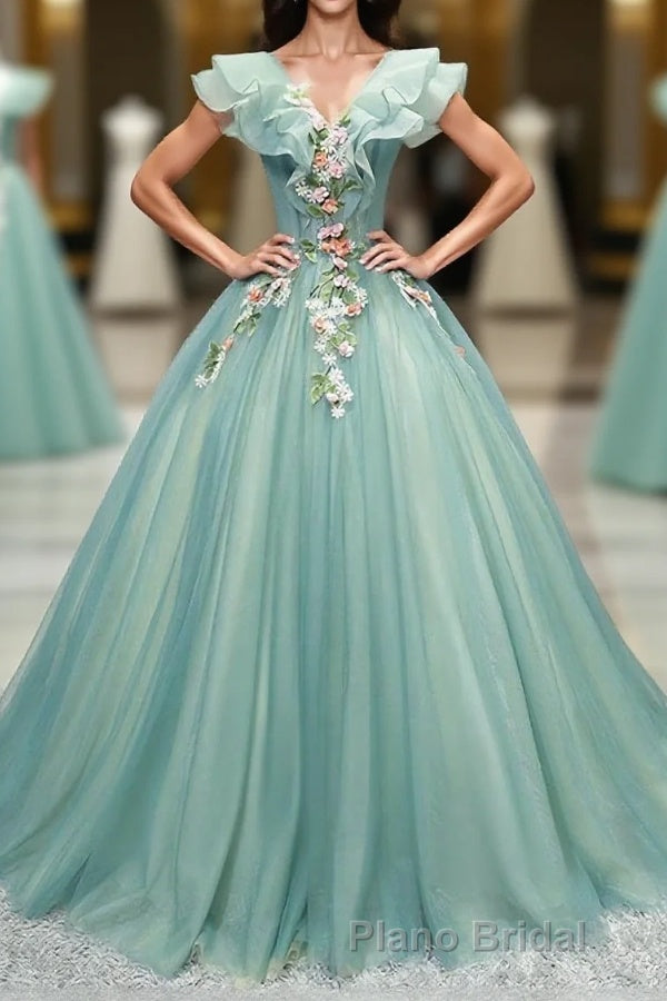 Green V Neck Tulle Long Formal Prom Dresses, Green Evening Dresses