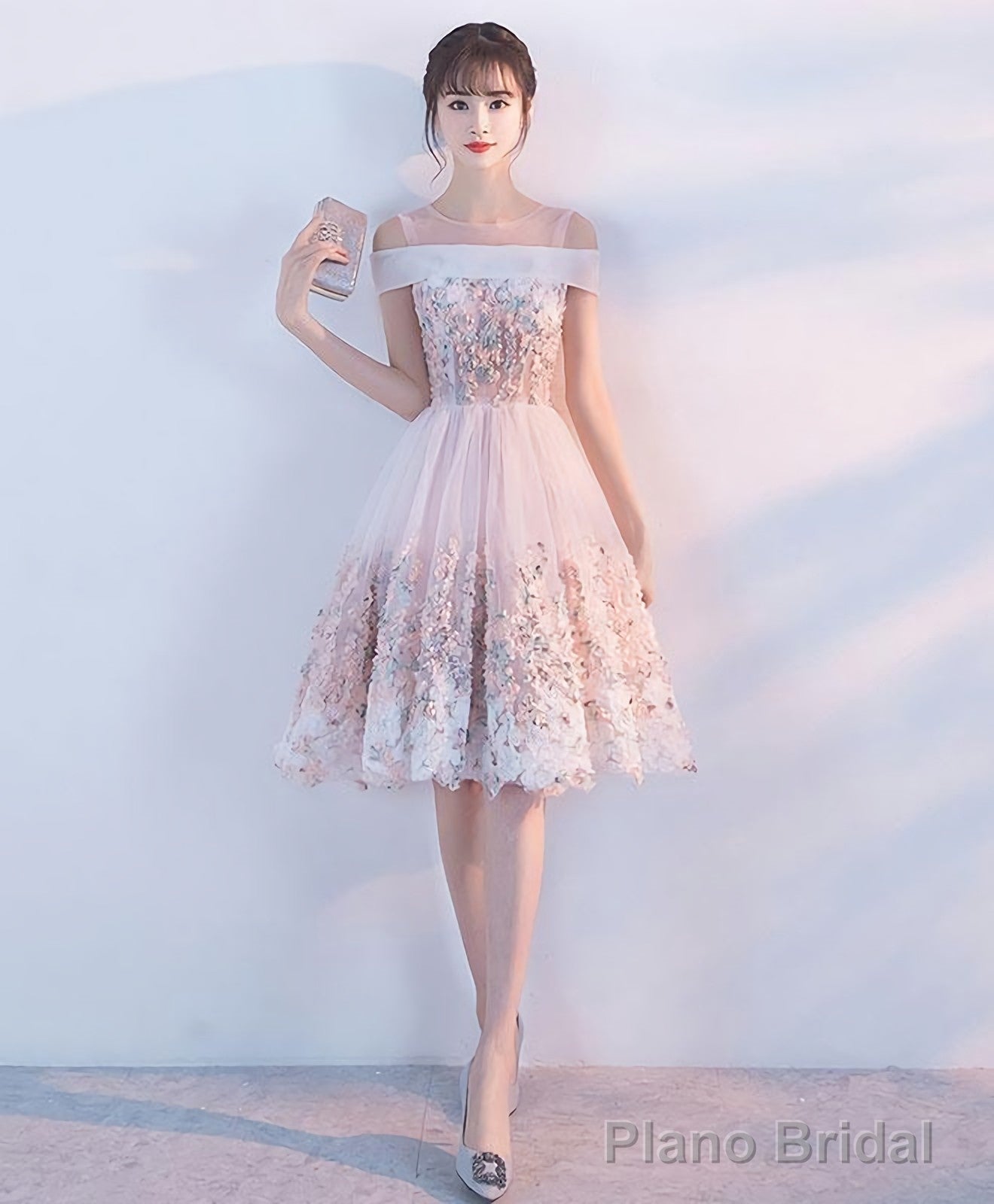 Pink Lace Applique Short Prom Dress Pink Homecoming Dress Main image