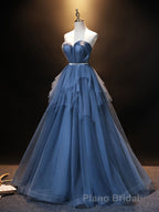 Blue Sweetheart Neck Tulle Long Formal Prom Dresses, Blue Evening Dresses