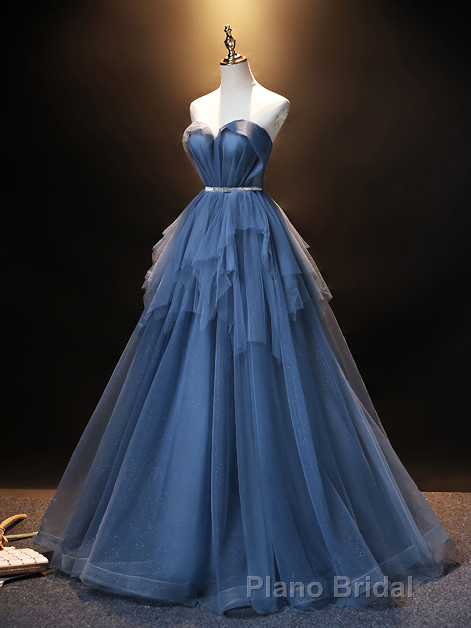 Blue Sweetheart Neck Tulle Long Formal Prom Dresses, Blue Evening Dresses