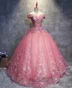 Pink Tulle Lace Off Shoulder Long Formal Prom Dress, Pink Tulle Evening Dress, 1