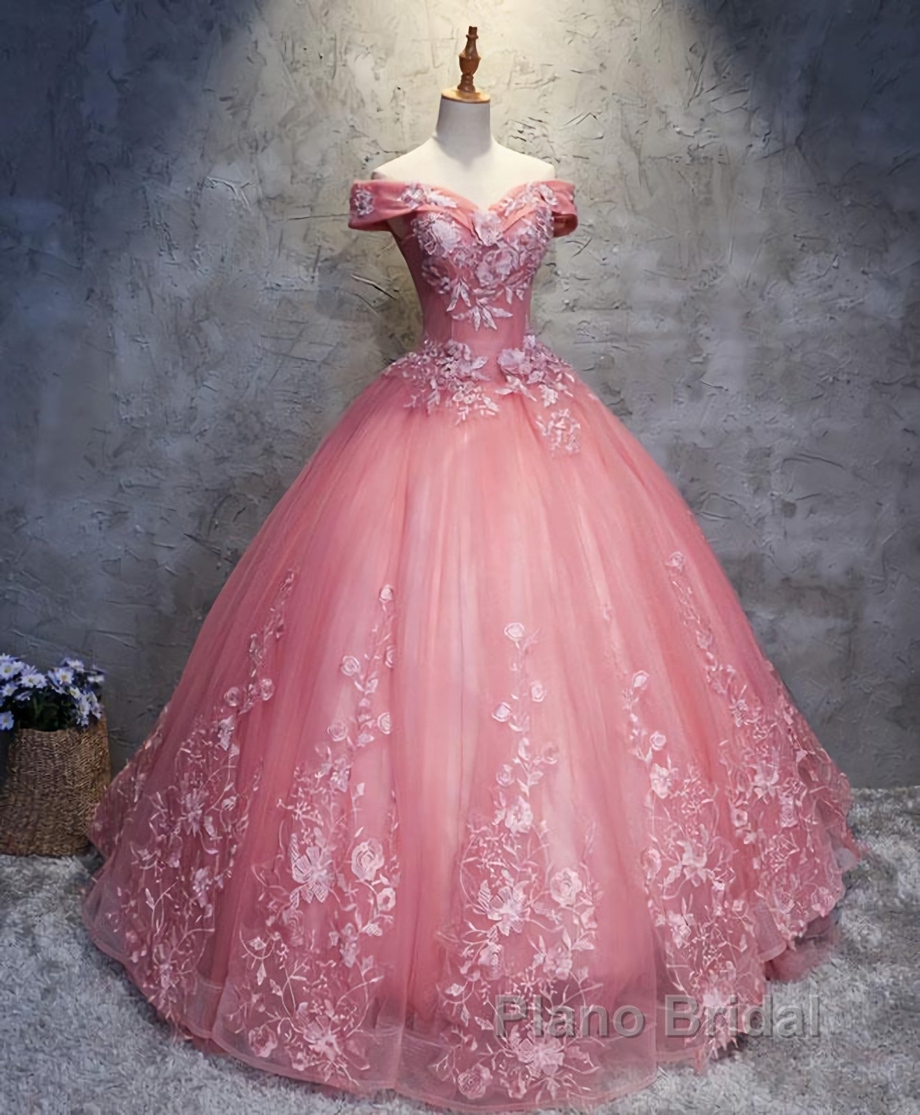 Pink Tulle Lace Off Shoulder Long Formal Prom Dress, Pink Tulle Evening Dress, 1