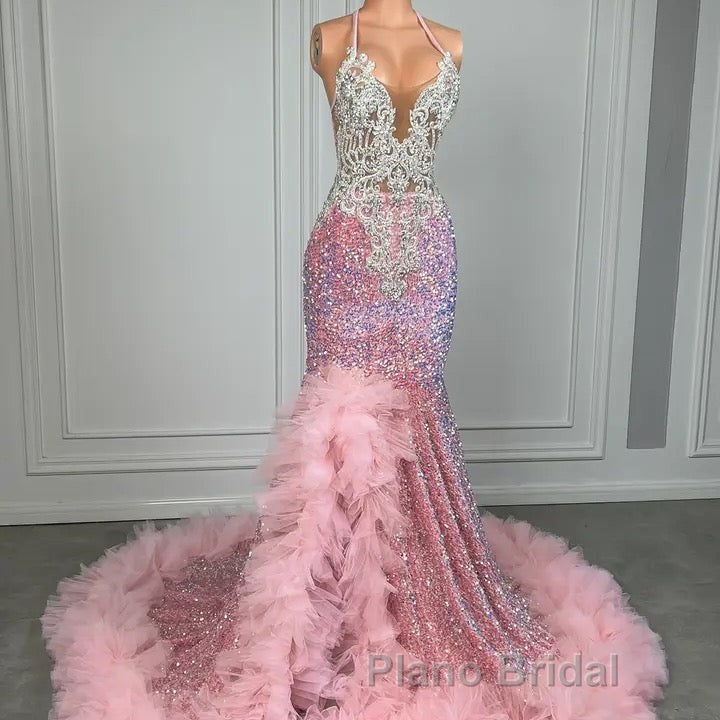 Pink Halter Mermaid Formal Prom Dress with Sequins Beadings and Tulle Ruffle