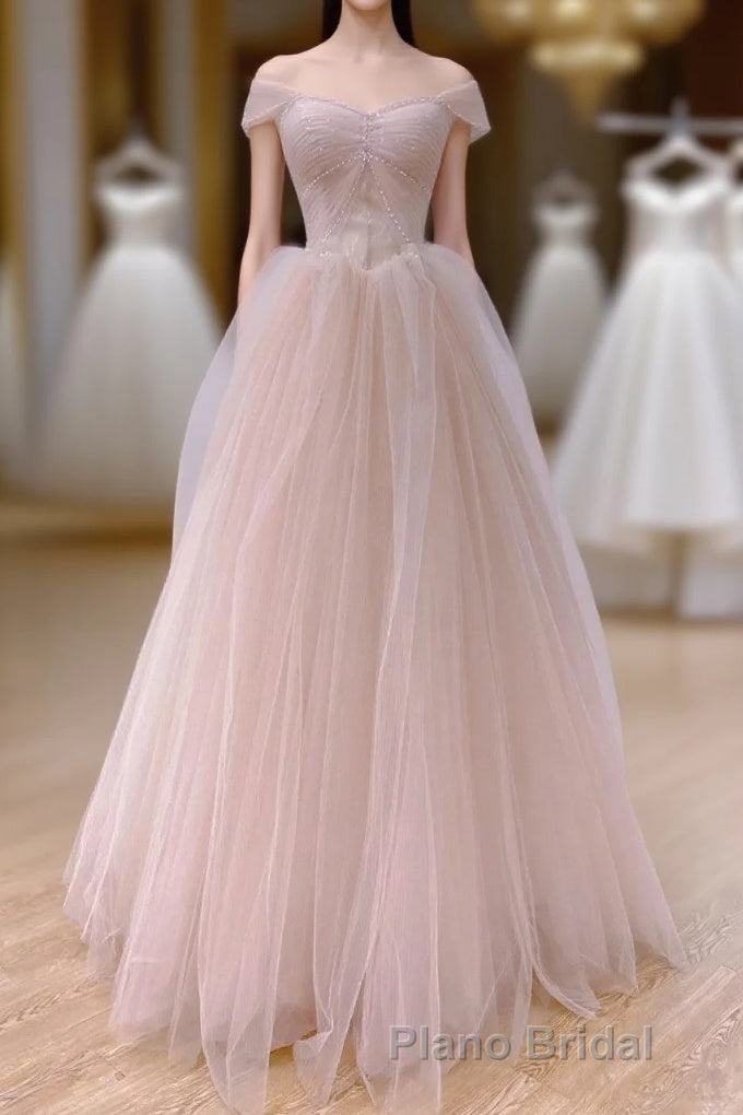Pink Sweetheart Tulle Beaded Long Party Dresses, Pink Tulle Formal Prom Dresses Evening Dresses Main image
