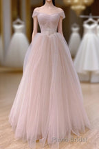 Pink Sweetheart Tulle Beaded Long Party Dresses, Pink Tulle Formal Prom Dresses Evening Dresses
